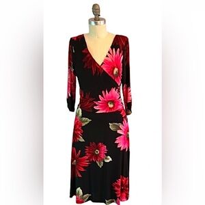 Karen Kane faux wrap elbow sleeve black pink red bold floral fit and flare dress